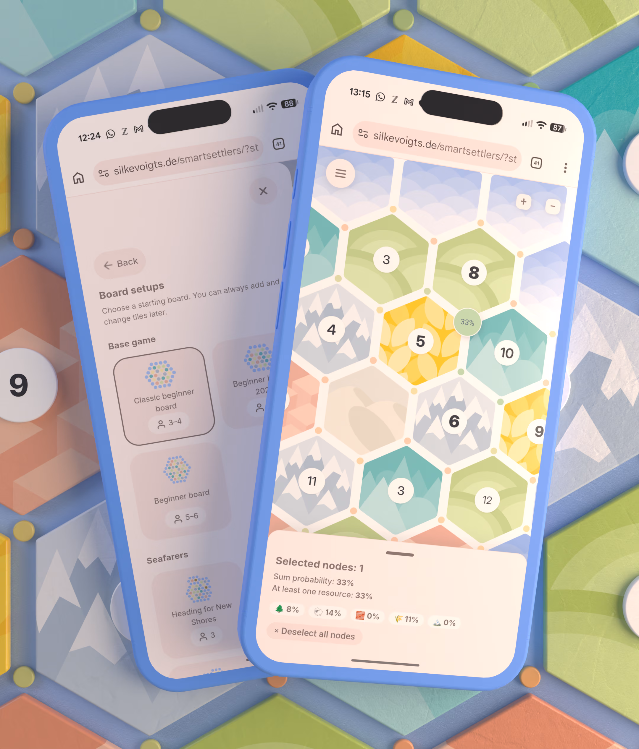 Two phones showing the Smart Settlers board and setup chooser, resting on a colourful 3D-rendered hexagonal board.