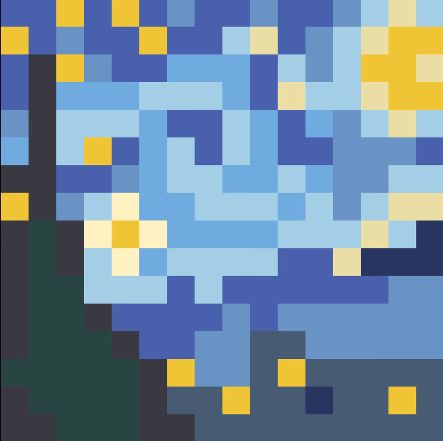 Pixel-art interpretation of a starry night in blue, yellow and green.