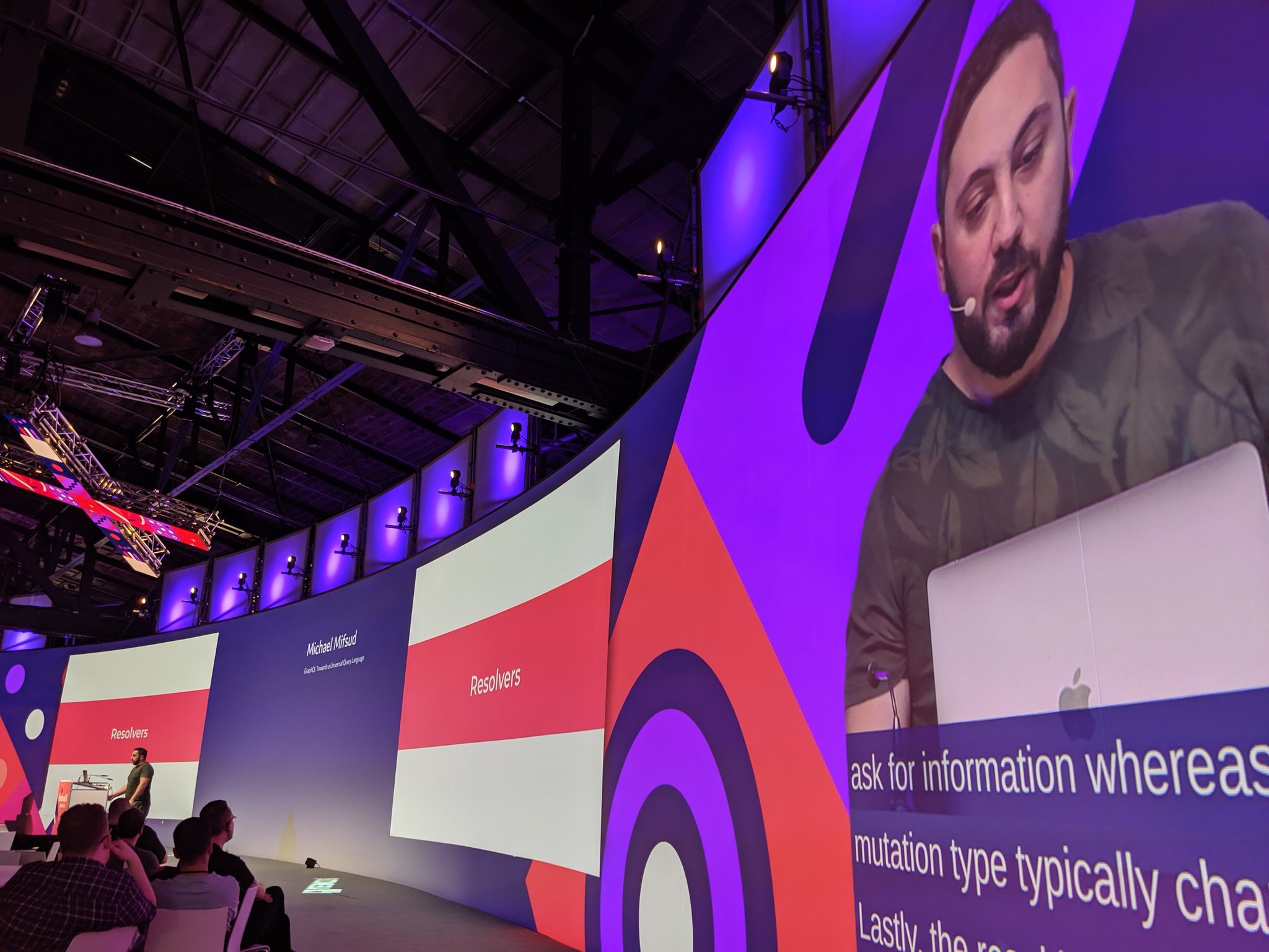 Conference video team chroma keying a speaker onto the JSConf EU stage background