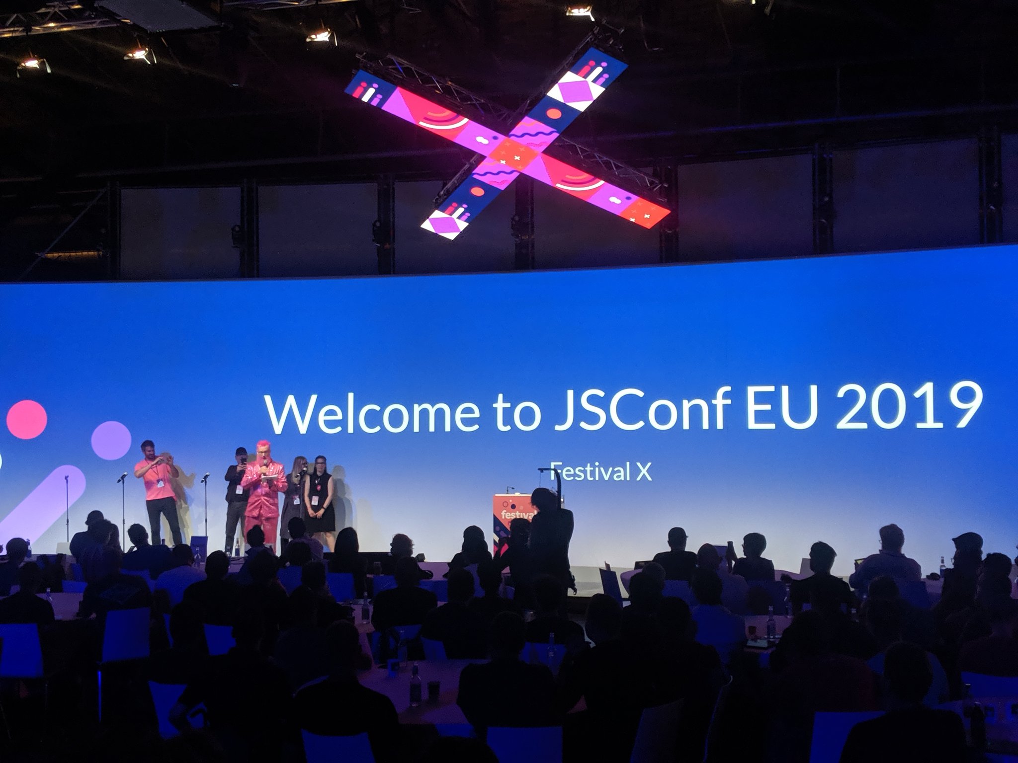 Photo of the JSConf EU opening animation on the conference stage