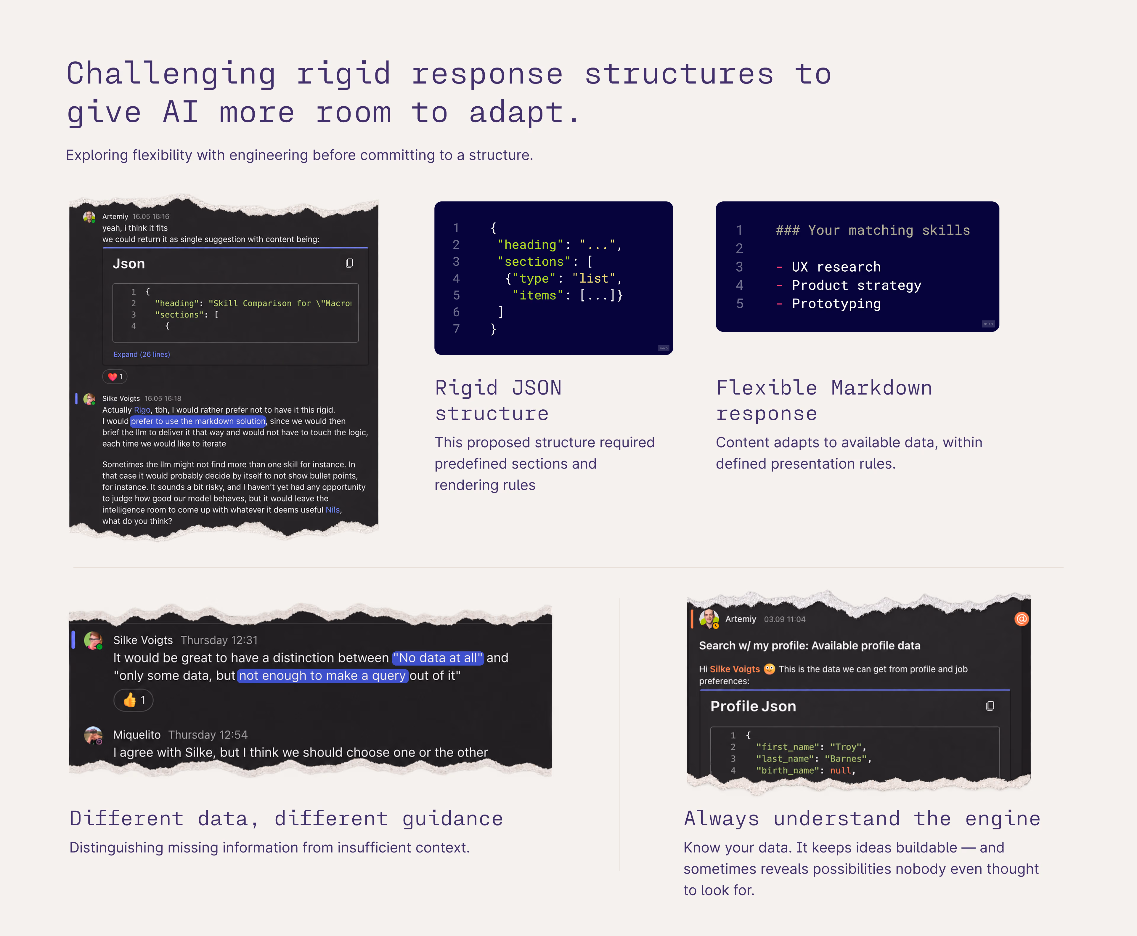 Engineering chat excerpts and annotations comparing JSON and Markdown response formats, distinguishing missing from insufficient data, and inspecting available profile inputs
