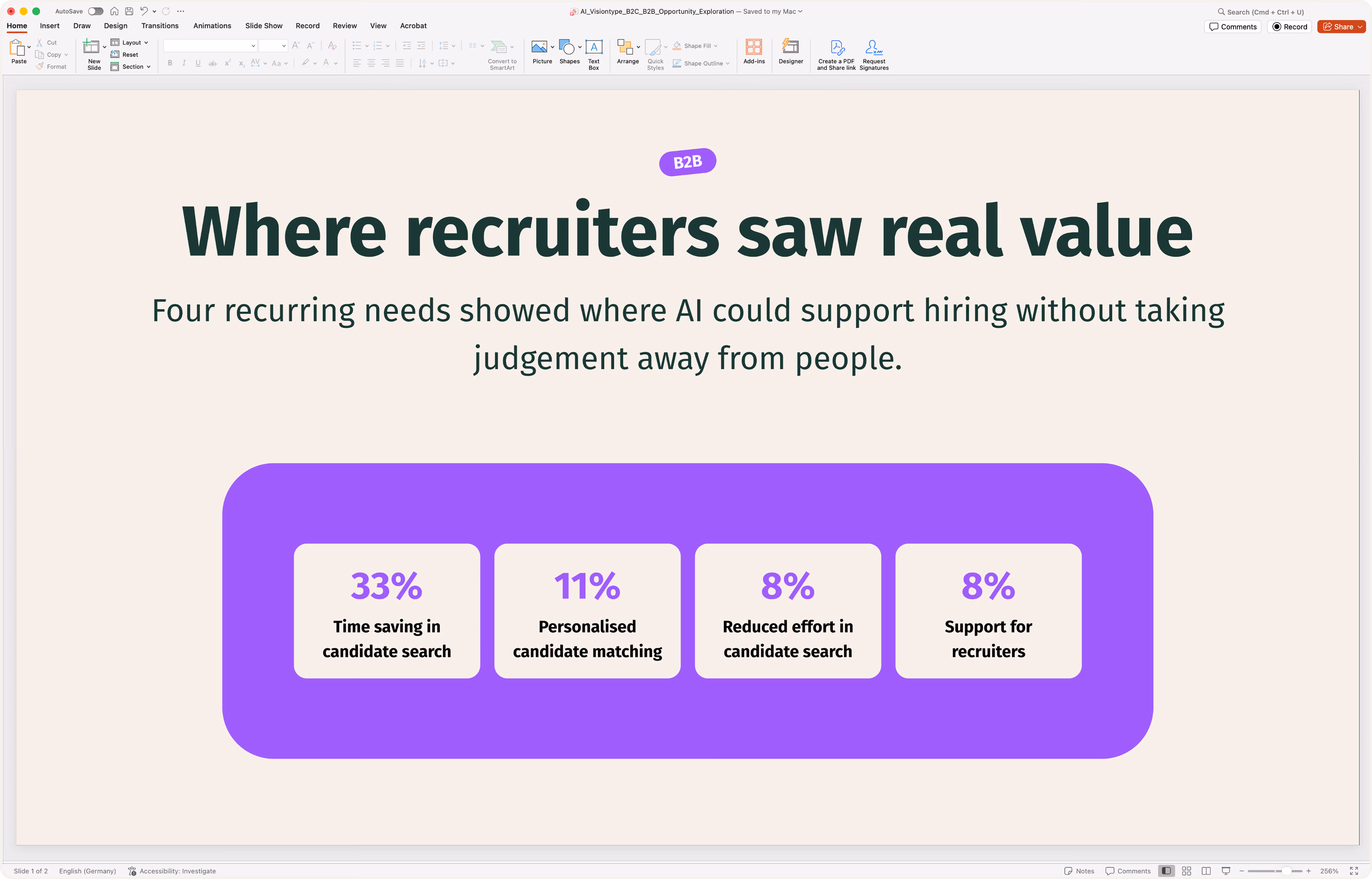 Recruiter-feedback slide grouping four areas where AI could support hiring while keeping human judgement.