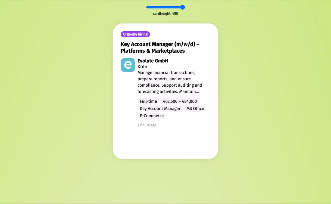 Height-adjustable job card prototype showing content truncation, job details and skill tags.