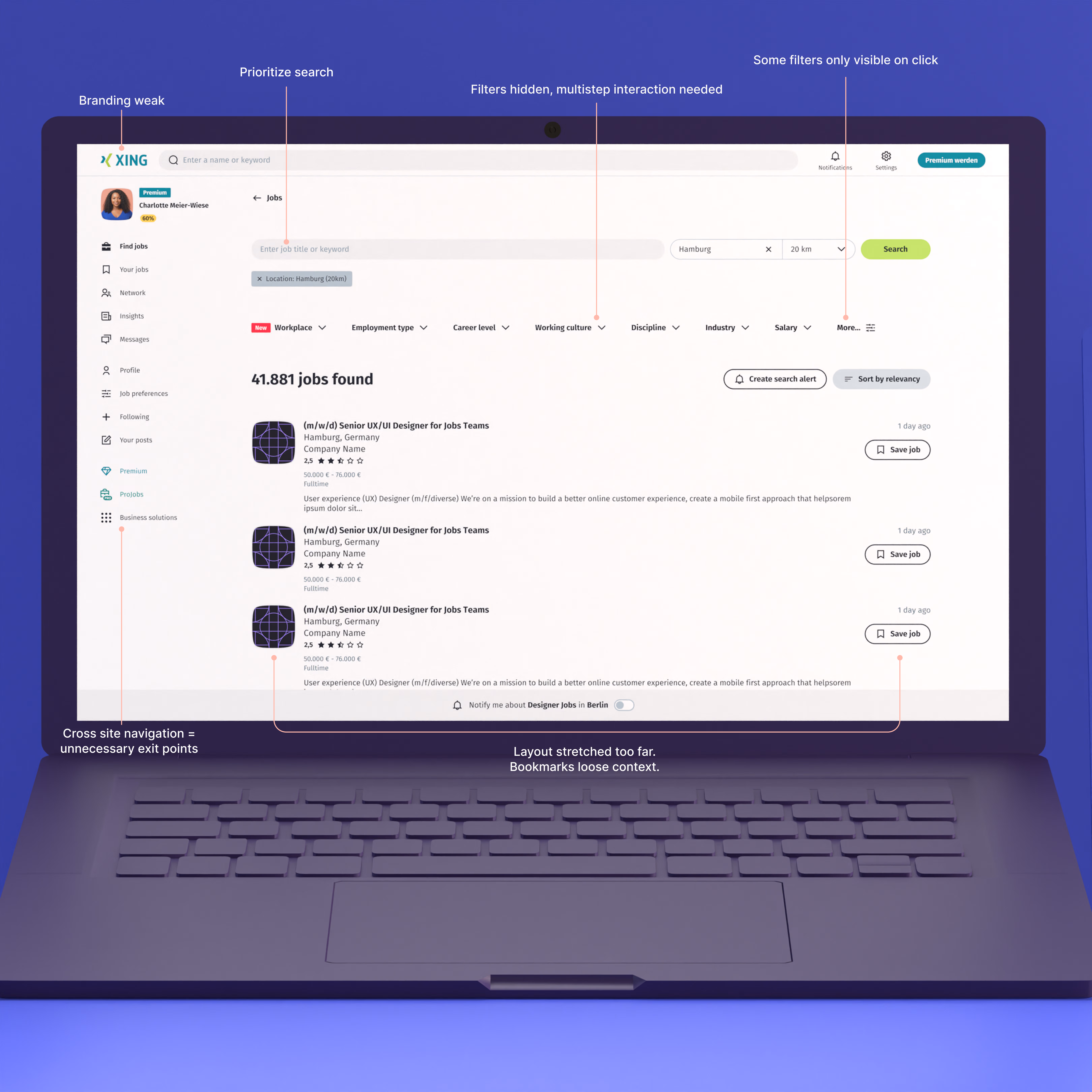 Figma specification board for AI-assisted search flows and interaction patterns