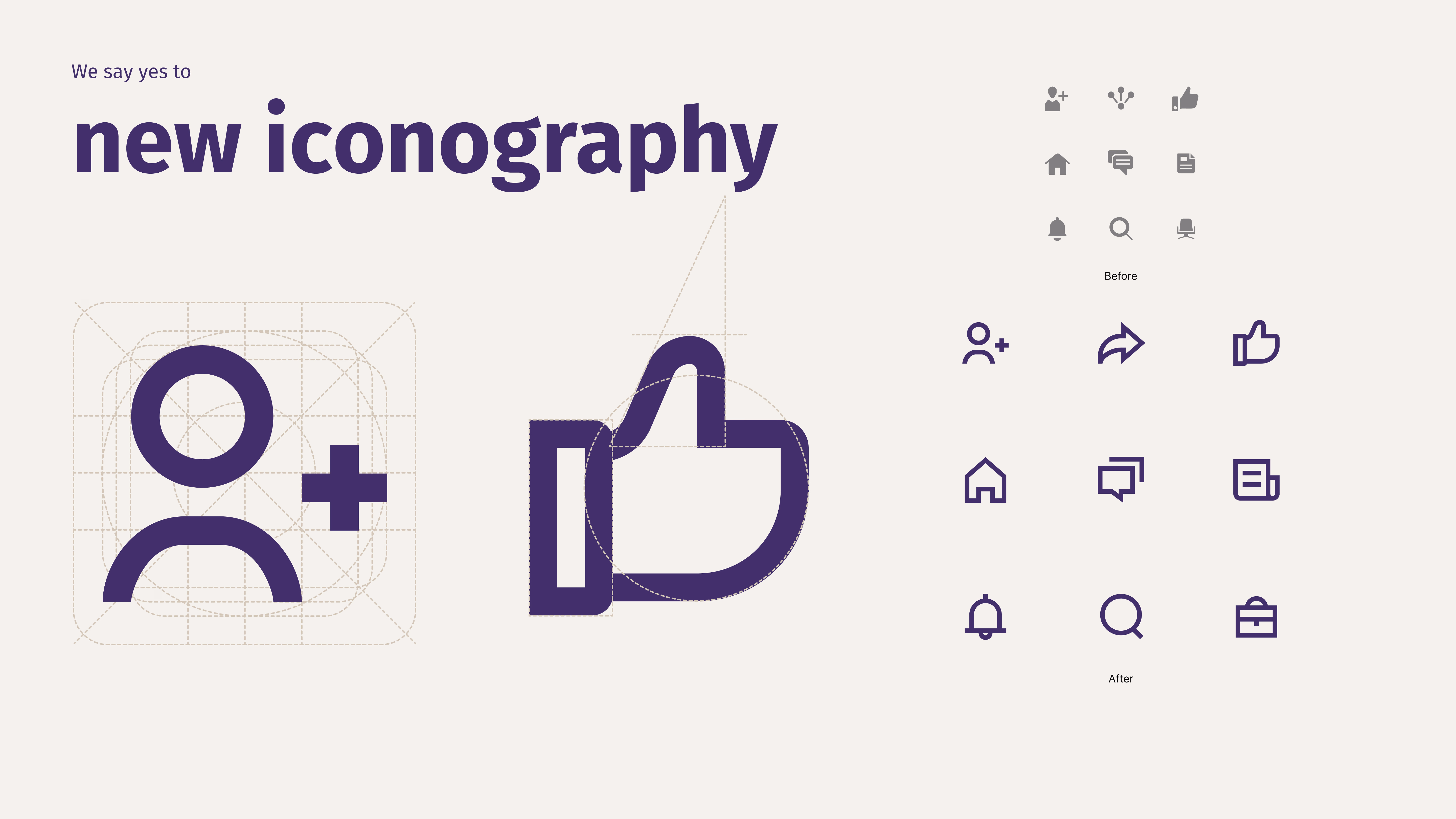Iconography concept board showing simple geometric construction, enlarged profile and thumbs-up icons, and a set of refined outline icons.