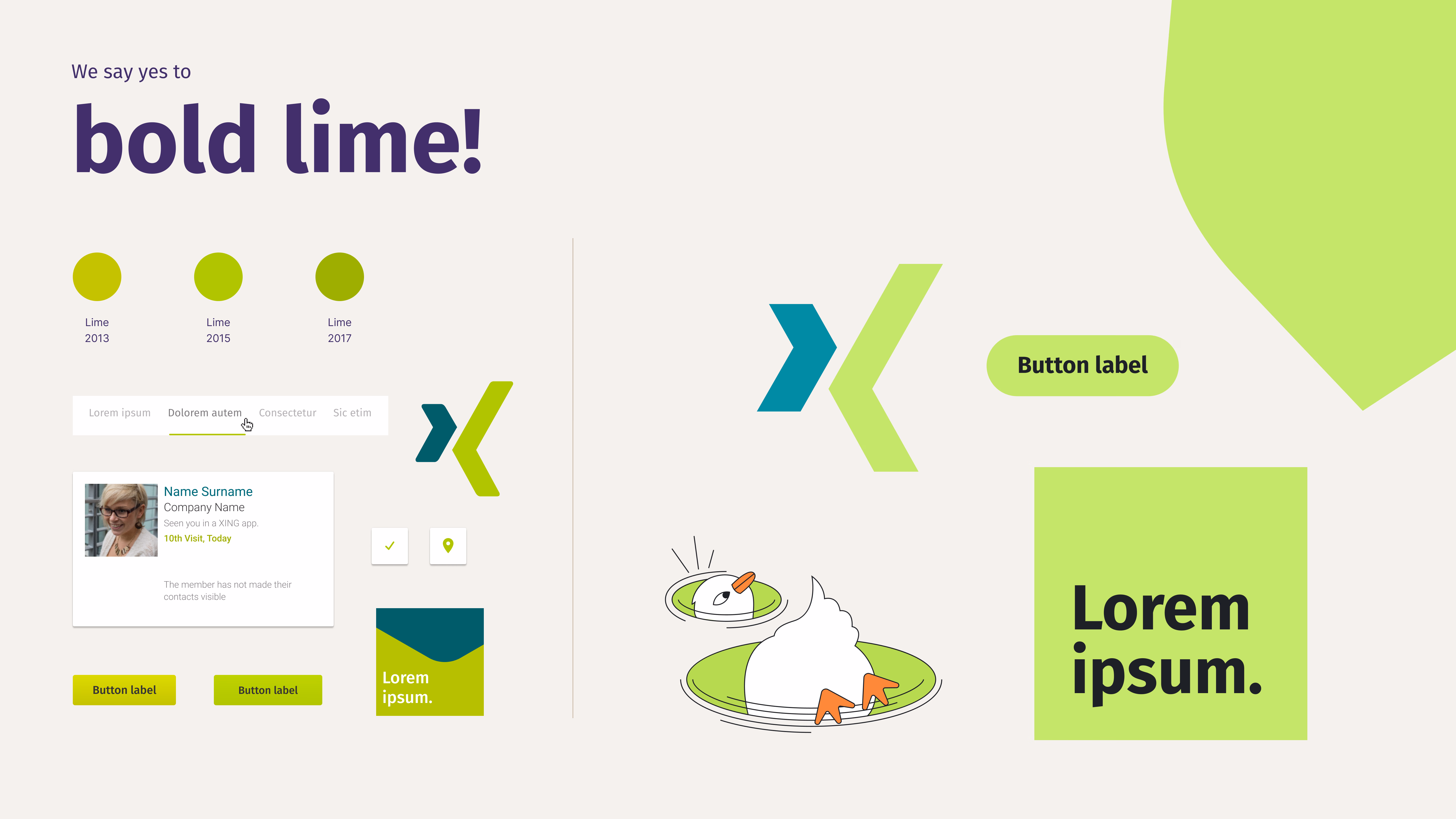 Bold lime color guidance board showing UI examples, XING brand marks, button styling, illustration details and usage rules.