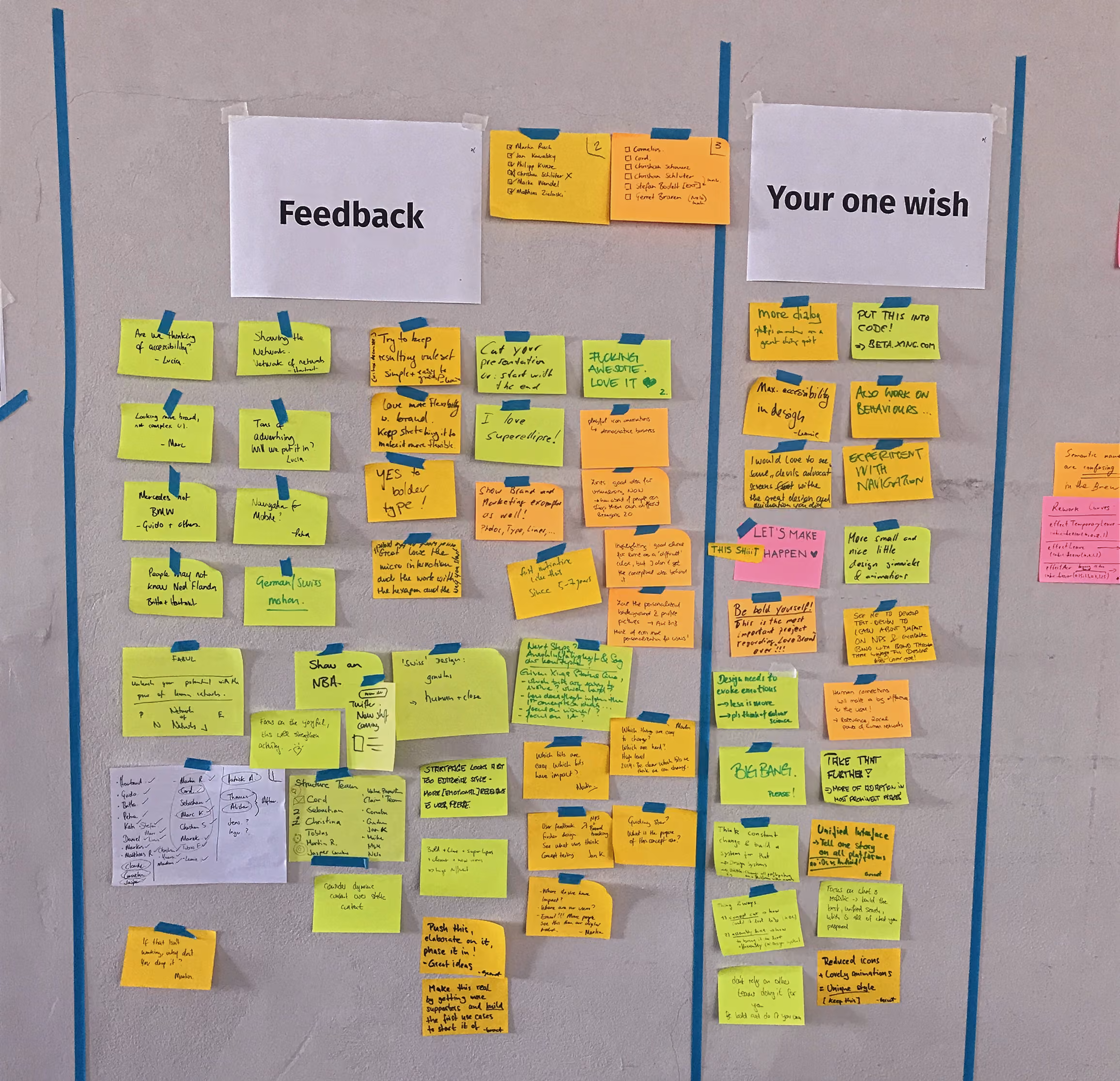 Feedback wall with clustered sticky notes and sketches documenting shared product direction.