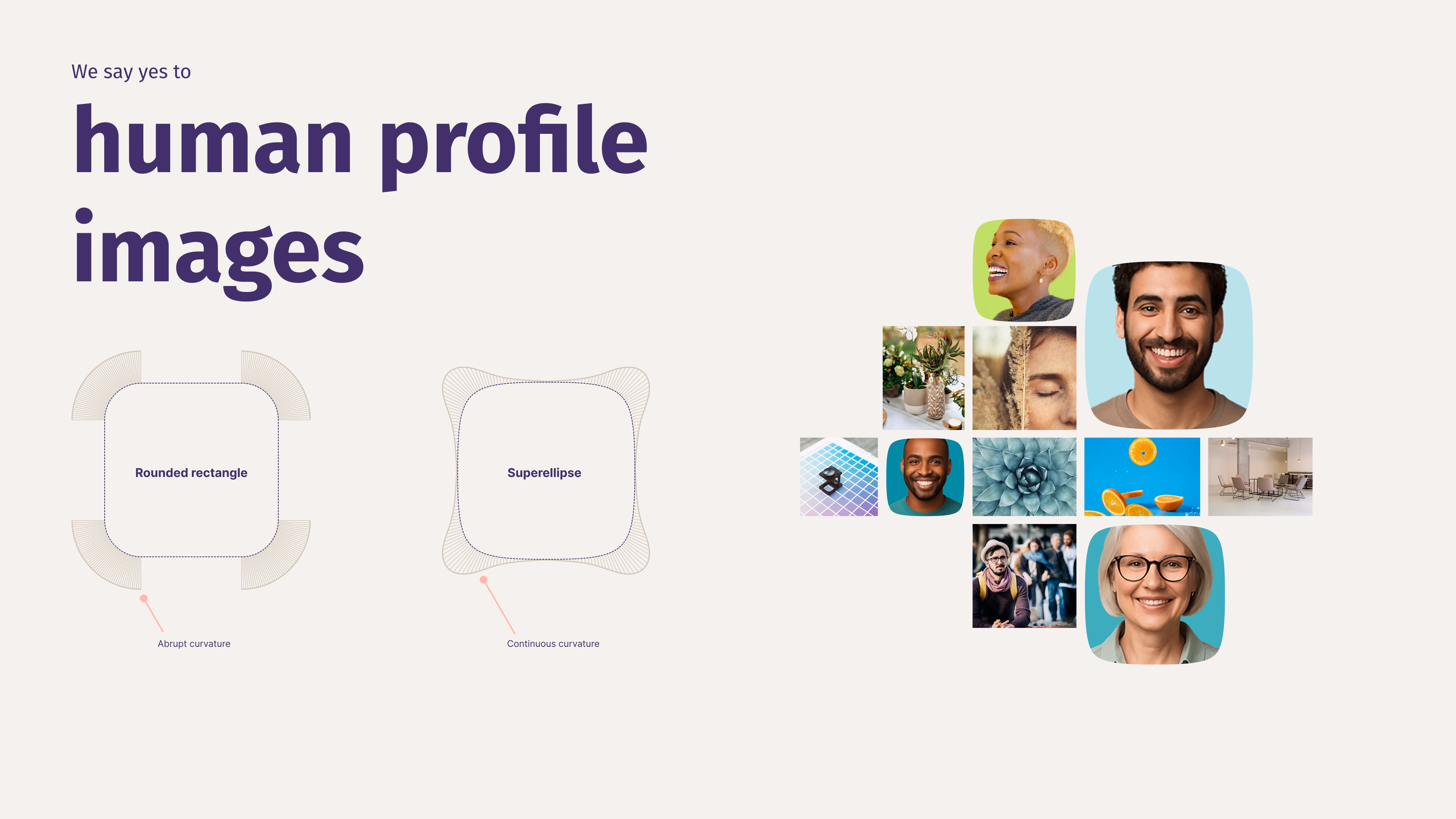 Profile image guidance board comparing superellipse avatar masks with rounded rectangles and showing example member photos.
