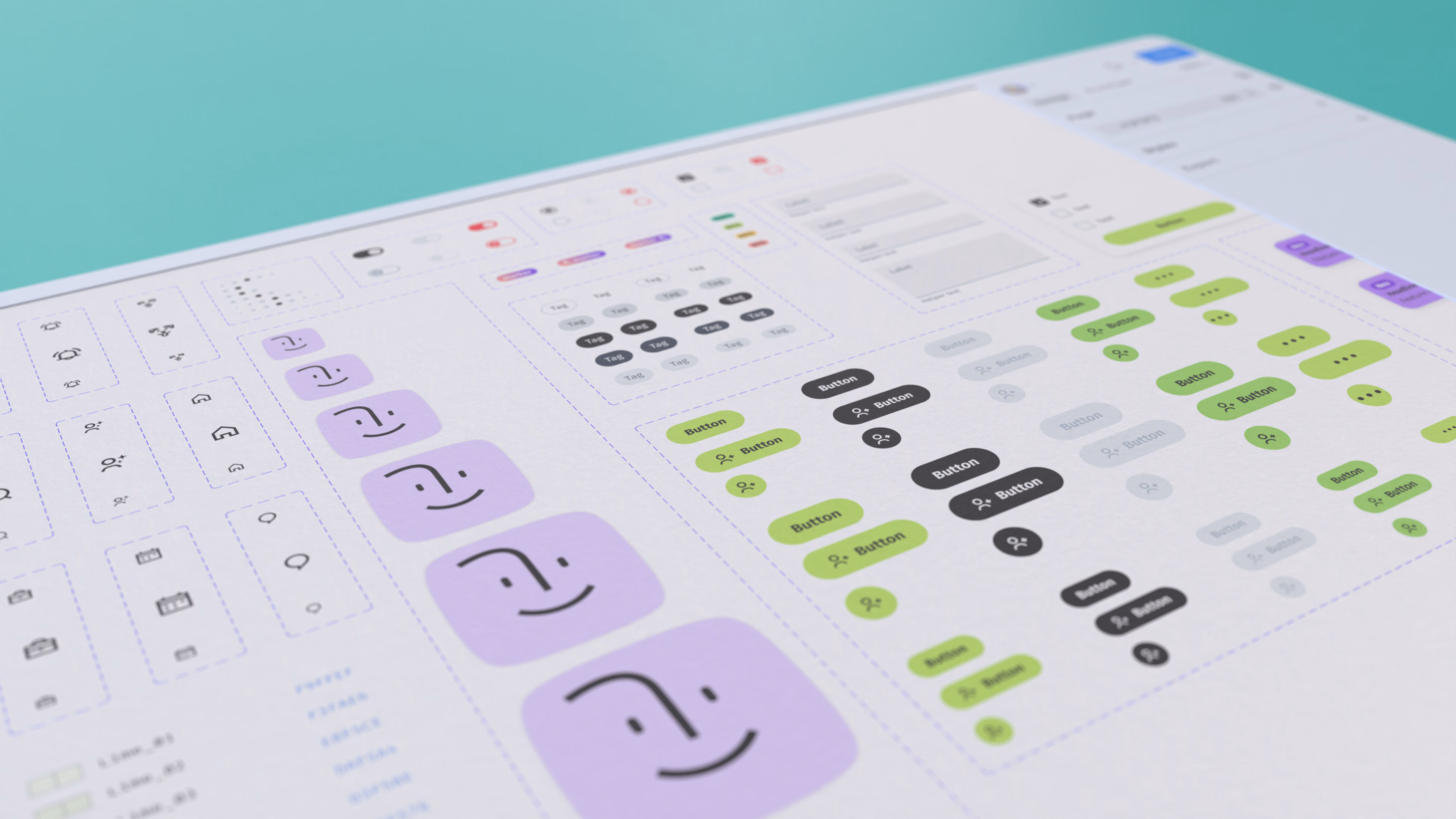 Button states, specs, appearance/style docs, Figma libraries, component sheets, web/mobile examples.
