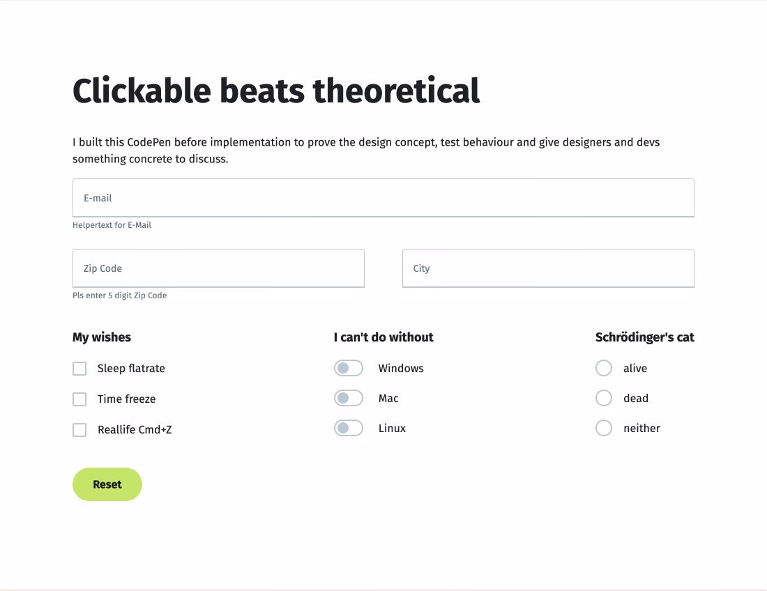 Interactive form prototype showing email, postcode and city fields, checkboxes, switches and radio buttons.